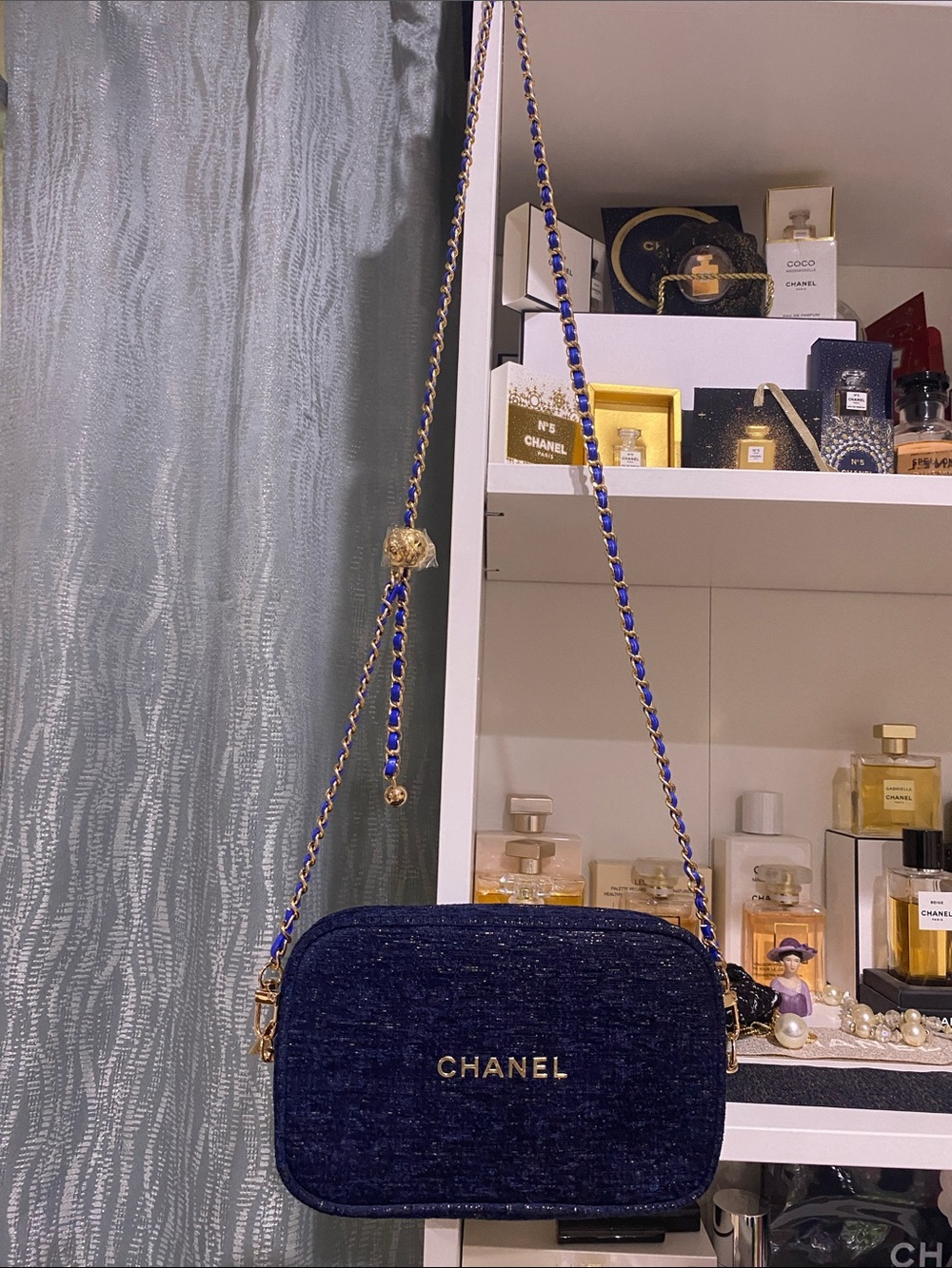 CHANEL Navy Blue Quilted Crossbody Camera Bag with Gold Chain